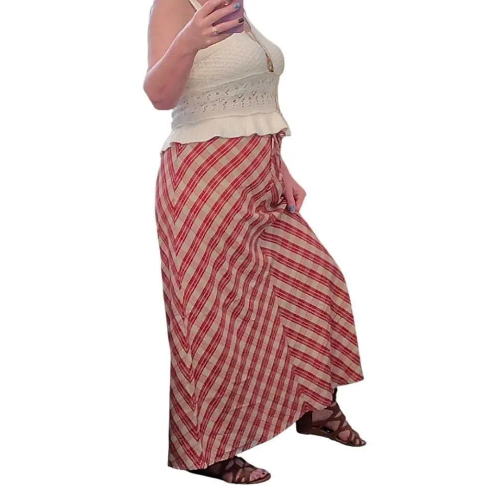 VTG 70s Red Tan Chevron Plaid Prairie Maxi Skirt SZ 10 Flax Blend High Waist